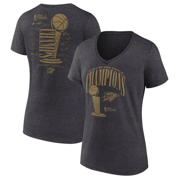 Women's Fanatics Heather Charcoal Oklahoma City Thunder 2025 NBA Finals Champions Double Dribble V-Neck T-Shirt
