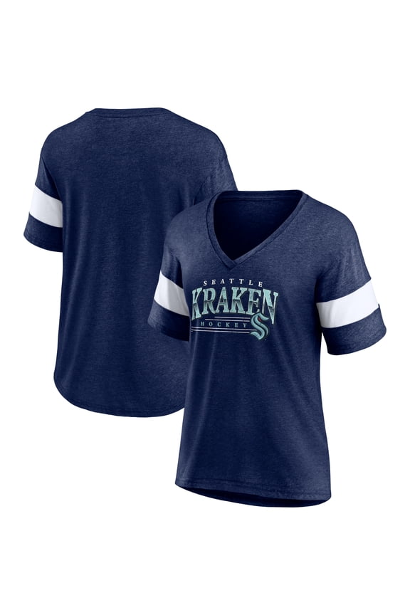 Women's Fanatics Heather Deep Sea Blue Seattle Kraken Clapper V-Neck Half-Sleeve T-Shirt