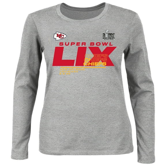 Women's Fanatics Heather Gray Kansas City Chiefs Super Bowl LIX Plus Size Quick Pass Long Sleeve Scoop Neck T-Shirt