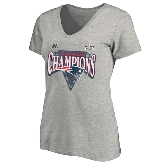 Women's Fanatics  Heather Gray New England Patriots 2025 AFC Champions Plus Size Hail Mary Tri-Blend V-Neck T-Shirt