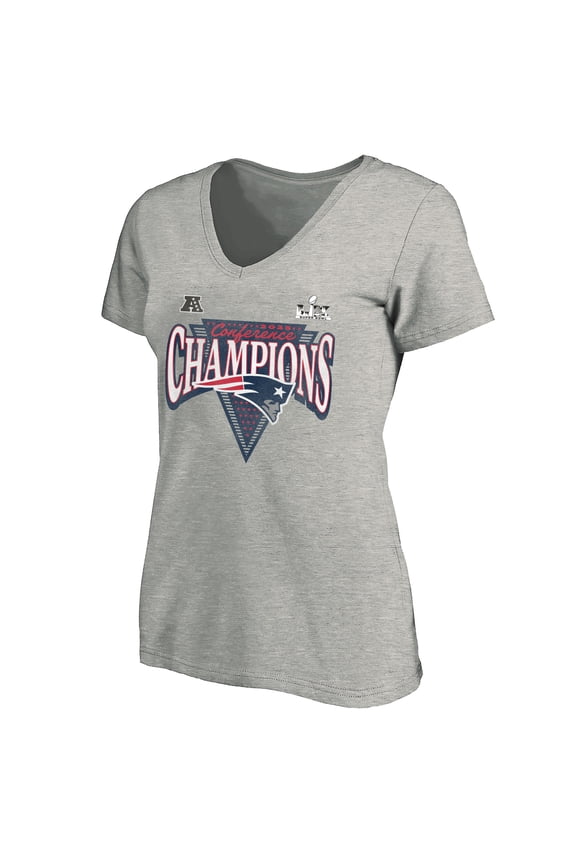 Women's Fanatics Heather Gray New England Patriots 2025 AFC Champions Plus Size Hail Mary Tri-Blend V-Neck T-Shirt