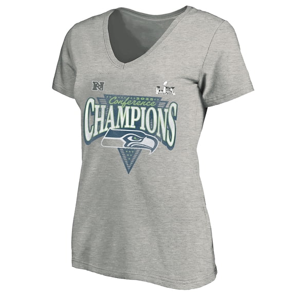 Women's Fanatics Heather Gray Seattle Seahawks 2025 NFC Champions Plus Size Hail Mary Tri-Blend V-Neck T-Shirt