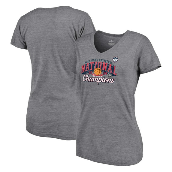 Women's Fanatics Heather Gray UConn Huskies 2024 NCAA Men's Basketball National Champions Specific V-Neck T-Shirt