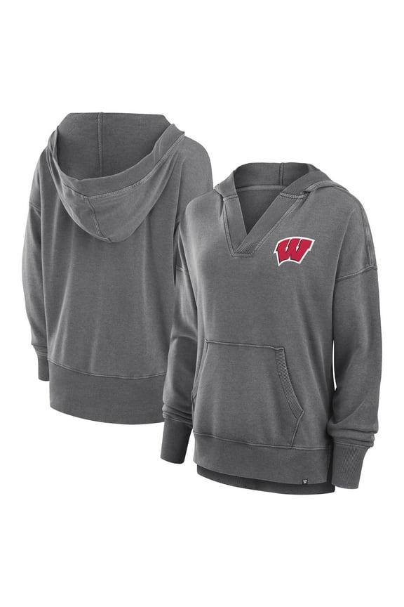 Women's Fanatics Heather Gray Wisconsin Badgers Initiative Snow Wash French Terry V-Neck Pullover Hoodie