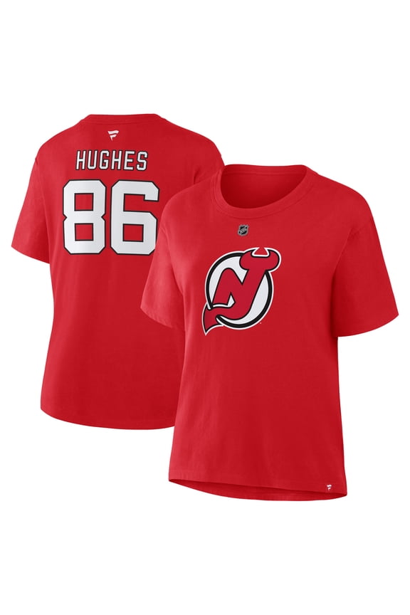 Women's Fanatics Jack Hughes Red New Jersey Devils Authentic Stack Name & Number T-Shirt