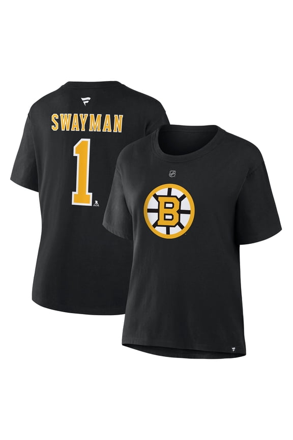 Women's Fanatics Jeremy Swayman Black Boston Bruins Authentic Stack Name & Number T-Shirt