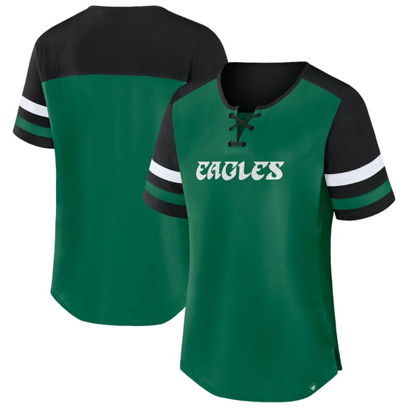 Women's Fanatics Kelly Green/Black Philadelphia Eagles Plus Size-Throwback Curl Route Lace-Up T-Shirt