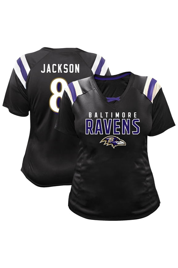 Women's Fanatics Lamar Jackson Black Baltimore Ravens Plus Size Name & Number Raglan Lace V-Neck T-Shirt