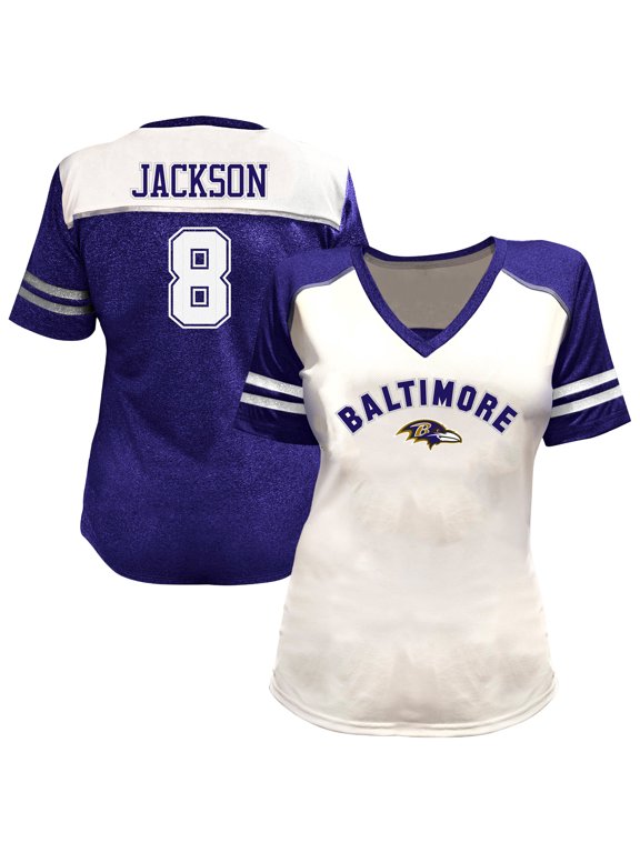 Women's Fanatics Lamar Jackson White Baltimore Ravens Plus Size Bling V-Neck T-Shirt