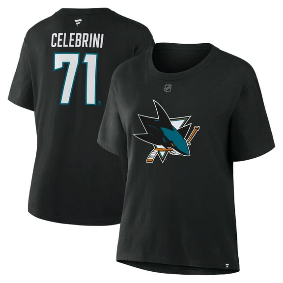 Women's Fanatics Macklin Celebrini Black San Jose Sharks Authentic Stack Name & Number T-Shirt