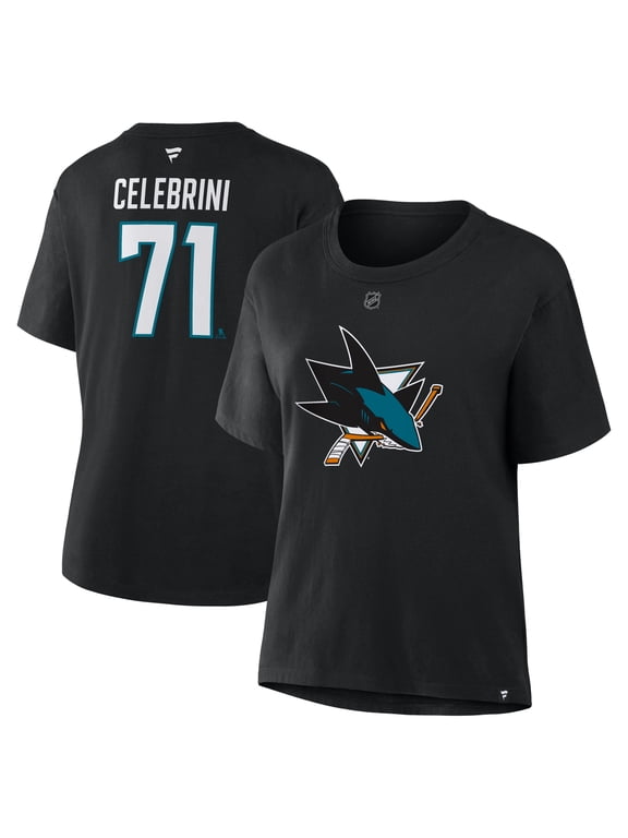 Women's Fanatics Macklin Celebrini Black San Jose Sharks Authentic Stack Name & Number T-Shirt