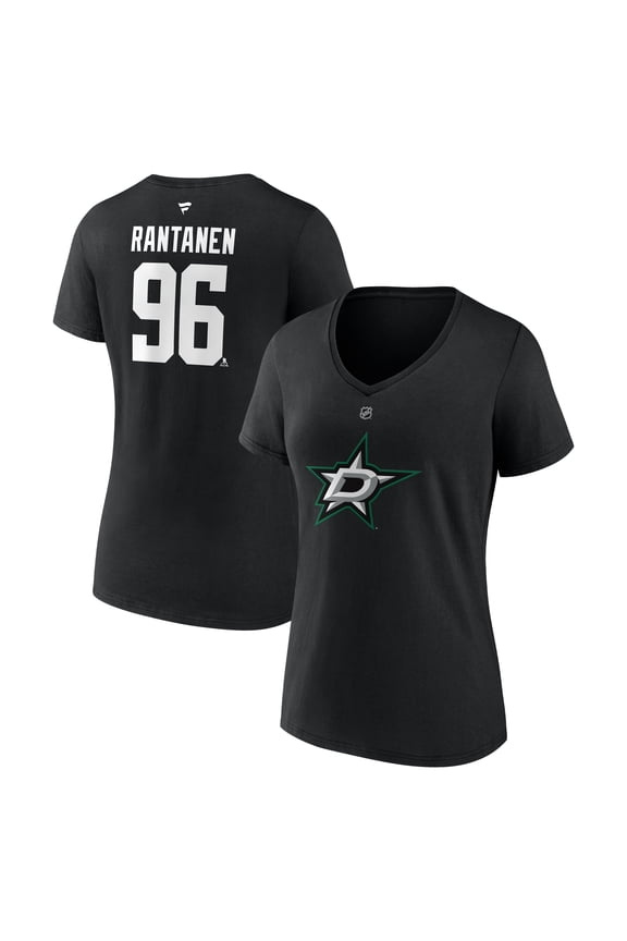 Women's Fanatics Mikko Rantanen Black Dallas Stars Authentic Stack Name & Number V-Neck T-Shirt
