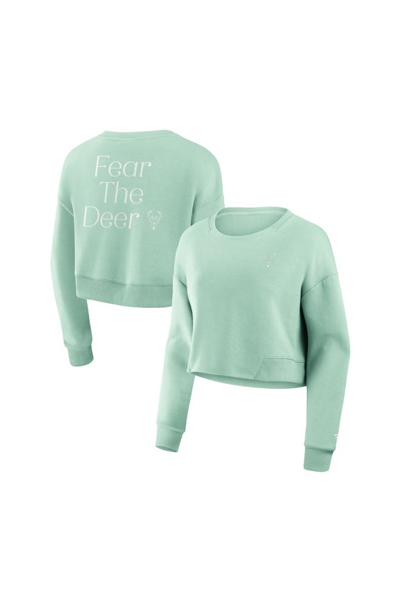 Women's Fanatics Mint Milwaukee Bucks Studio Tri-Blend Cropped Pullover Sweatshirt