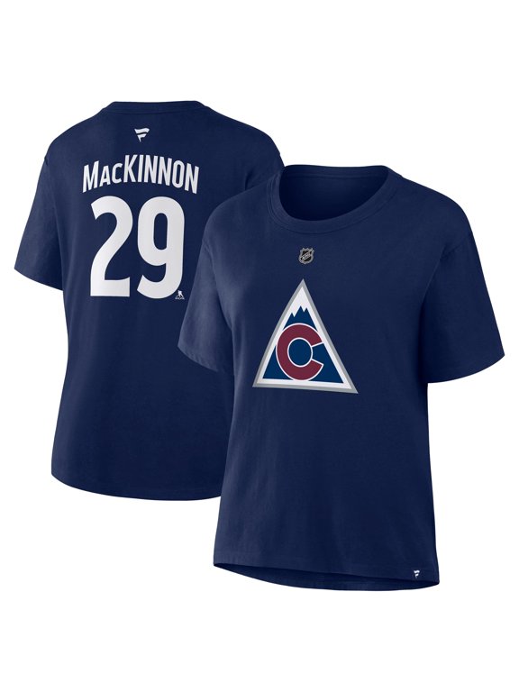 Women's Fanatics Nathan MacKinnon Navy Colorado Avalanche Authentic Stack Name & Number T-Shirt