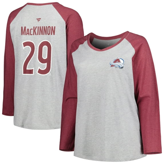 Women's Fanatics Nathan MacKinnon Heather Gray/Heather Burgundy Colorado Avalanche Plus Size Name & Number Raglan Long