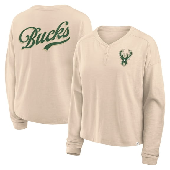 Women's-Fanatics Natural Milwaukee Bucks Boxed Out Drop Fashion Long Sleeve T-Shirt
