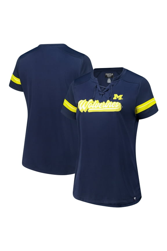 Women's Fanatics Navy Michigan Wolverines Plus Size Overtime Readiness Lace-Up T-Shirt