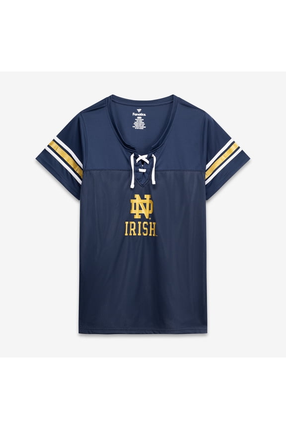 Women's Fanatics Navy Notre Dame Fighting Irish Plus Size Mesh Overlay Lace-Up Jersey T-Shirt