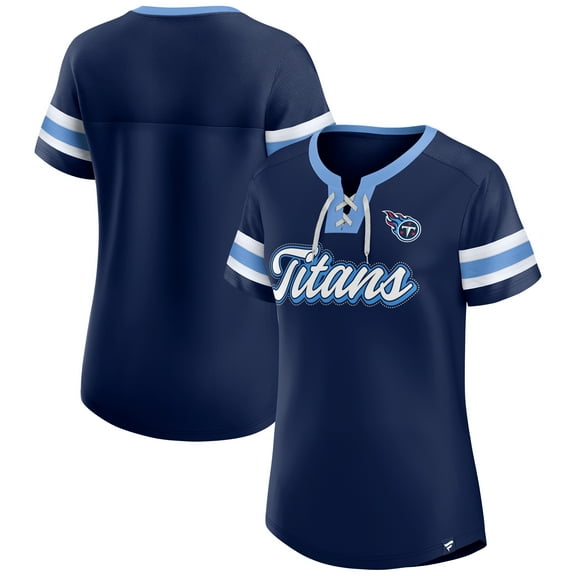Women's-Fanatics  Navy Tennessee Titans True Catch Iconic Rhinestone Bling Athena Lace-Up T-Shirt