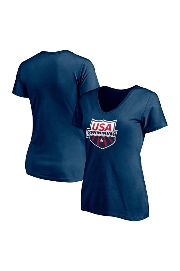 Women's Fanatics Navy USA Swimming Core Primary Logo V-Neck T-Shirt