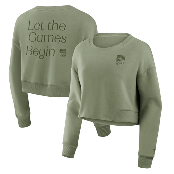 Women's-Fanatics  Olive Team USA Studio Tri-Blend Cropped Pullover Sweatshirt