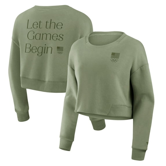 Women's-Fanatics Olive Team USA Studio Tri-Blend Cropped Pullover Sweatshirt