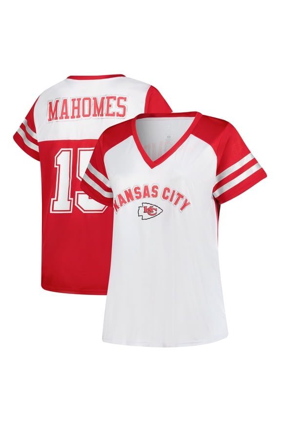 Women's Fanatics Patrick Mahomes White Kansas City Chiefs Plus Size Bling V-Neck T-Shirt