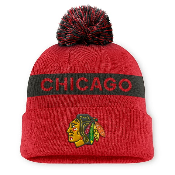 Women's Fanatics Red/Black Chicago Blackhawks Authentic Pro Rink Cuffed Knit Hat with Pom