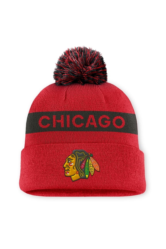 Women's Fanatics Red/Black Chicago Blackhawks Authentic Pro Rink Cuffed Knit Hat with Pom