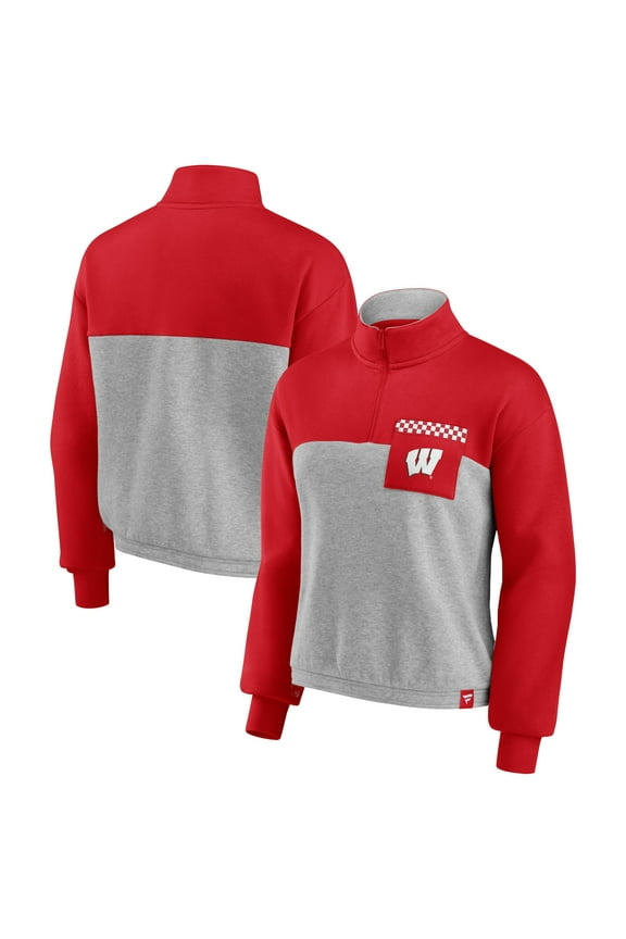 Women's Fanatics Red/Heathered Gray Wisconsin Badgers Sideline to Sideline Colorblock Quarter-Zip Jacket