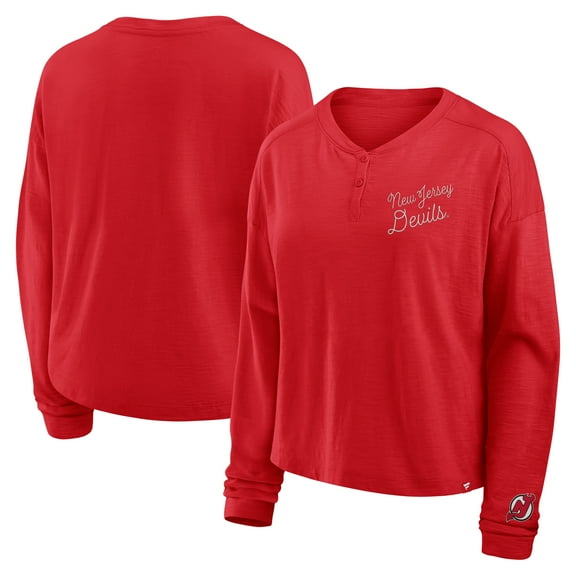 Women's Fanatics Red New Jersey Devils Oversized All Out Effort Long Sleeve Henley T-Shirt