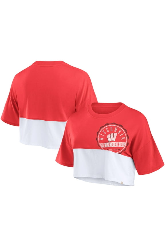 Women's Fanatics Red/White Wisconsin Badgers Oversized Badge Colorblock Cropped T-Shirt