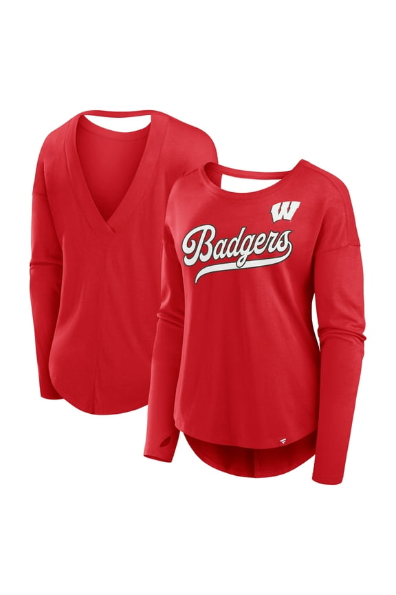 Women's Fanatics Red Wisconsin Badgers Training Camp Core Long Sleeve V-Neck Fashion T-Shirt