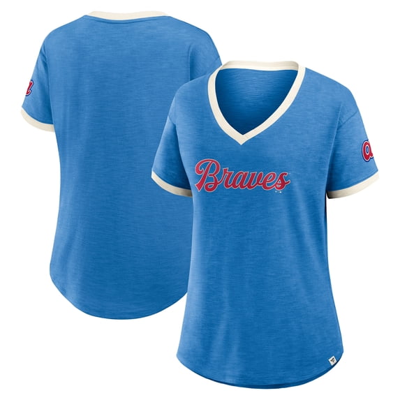Women's Fanatics Royal Atlanta Braves Relaxed Fit Vintage Play- Slub V-Neck Fashion Top