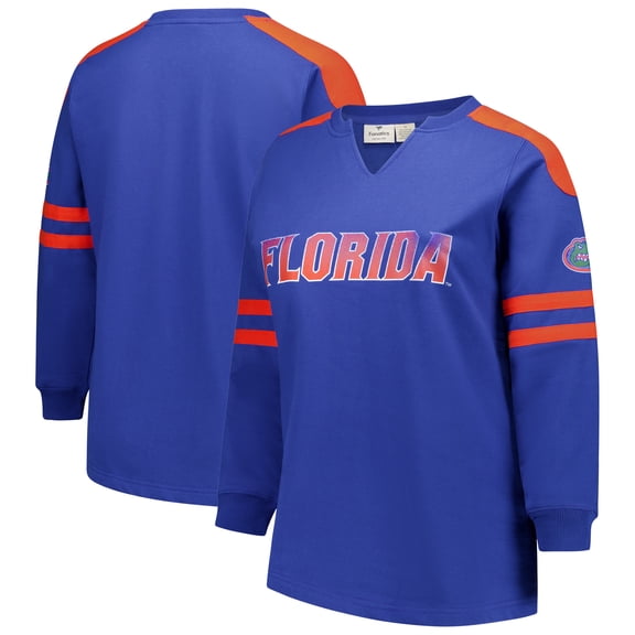 Women's Fanatics Royal Florida Gators Plus Size Contrast Sleeve Fleece Pullover Sweatshirt