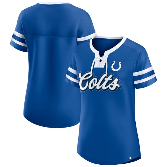 Women's-Fanatics  Royal Indianapolis Colts True Catch Iconic Rhinestone Bling Athena Lace-Up T-Shirt