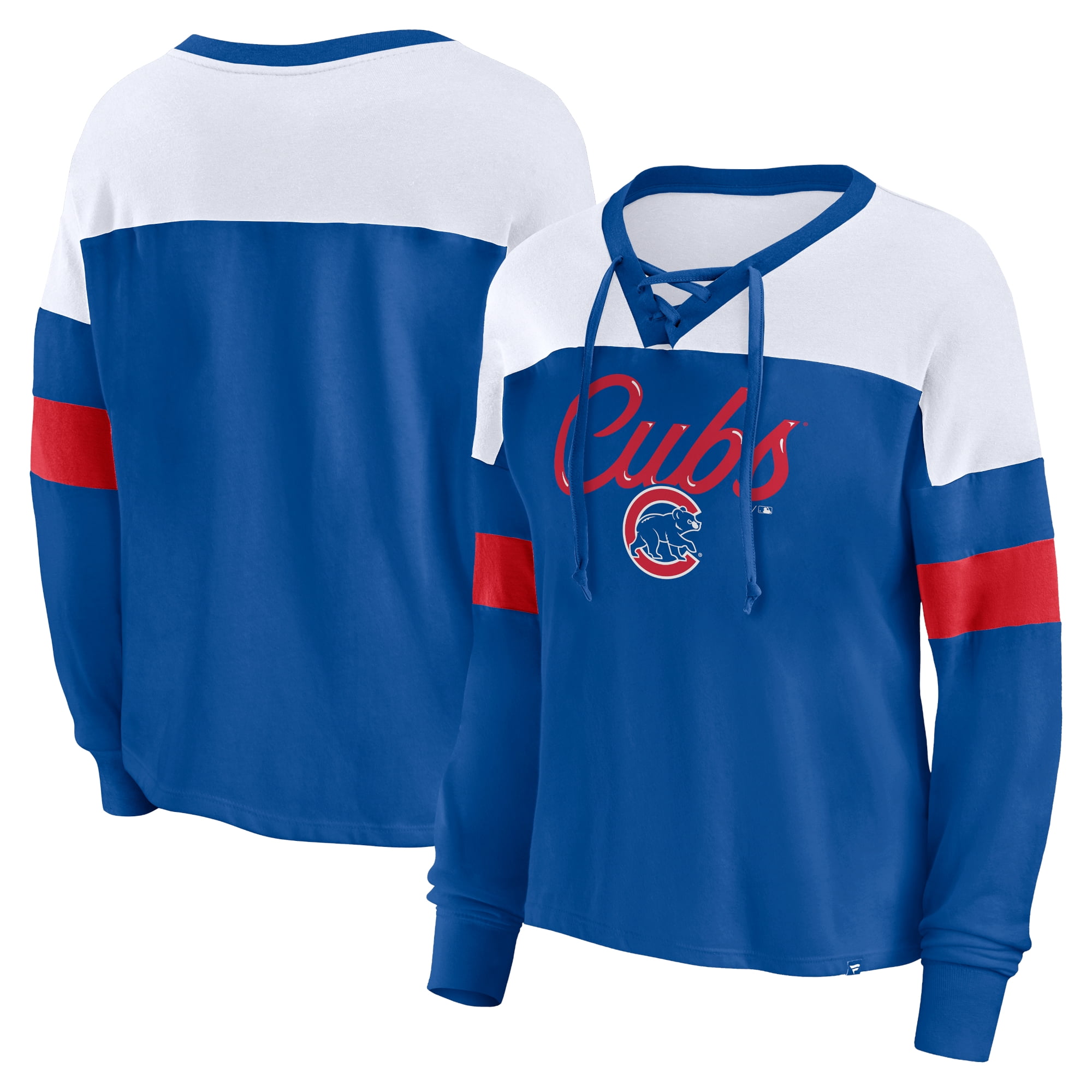 Women's Fanatics Royal/White Chicago Cubs Even Match Lace-Up Long Sleeve V-Neck T-Shirt 