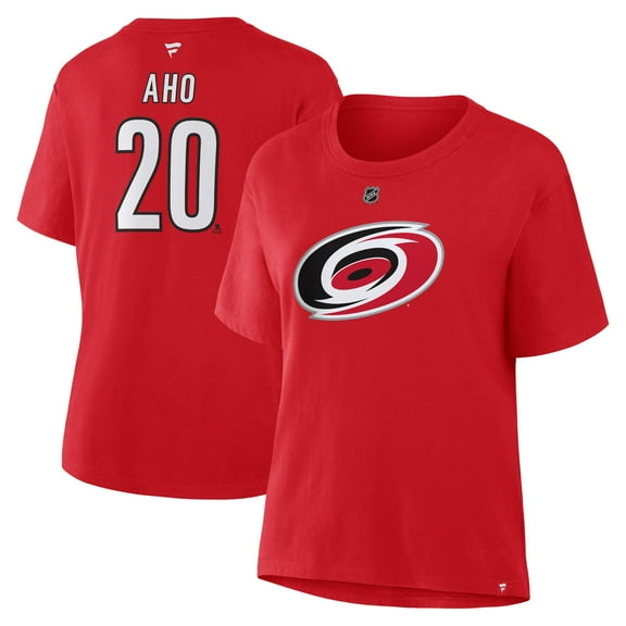 Women's Fanatics Sebastian Aho Red Carolina Hurricanes Authentic Stack Name & Number T-Shirt