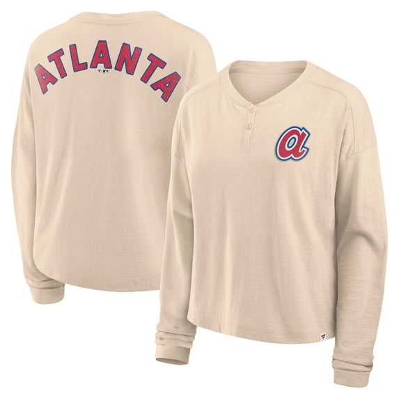 Women's Fanatics Tan Atlanta Braves Oversized Stadium Slub Long Sleeve Henley T-Shirt
