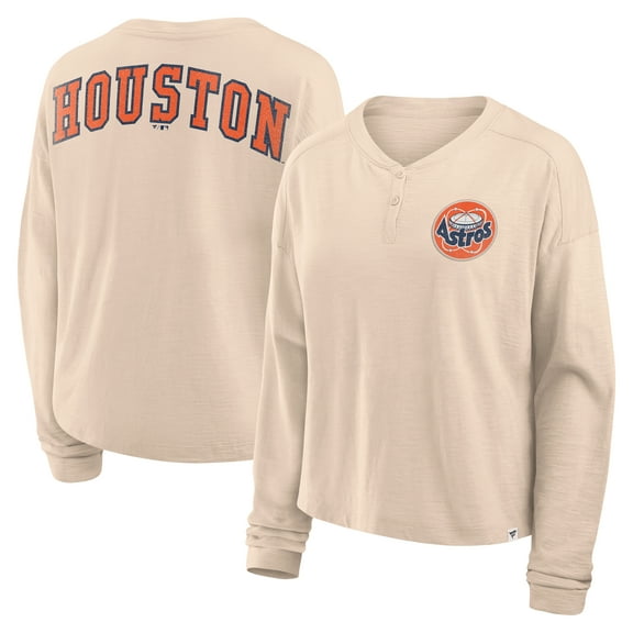 Women's Fanatics Tan Houston Astros Oversized Stadium Slub Long Sleeve Henley T-Shirt