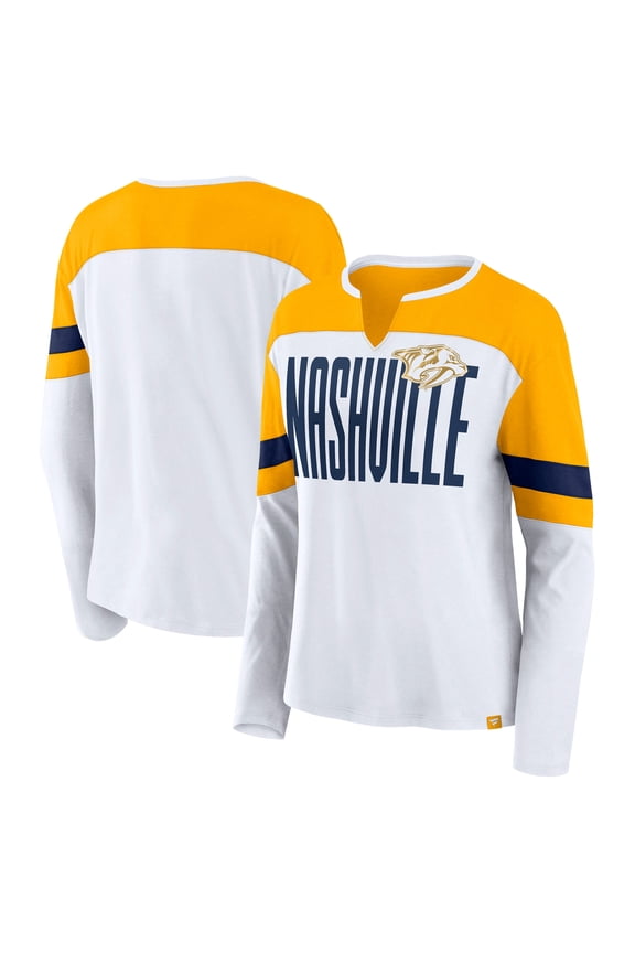 Women's Fanatics White/Gold Nashville Predators Frozen Long Sleeve Notch Neck T-Shirt
