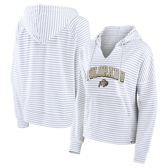 Women's Fanatics White/Gray Colorado Buffaloes Arch Logo Striped Notch Neck Pullover Hoodie