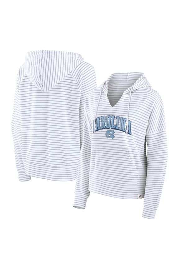 Women's Fanatics White/Gray North Carolina Tar Heels Arch Logo Striped Notch Neck Pullover Hoodie