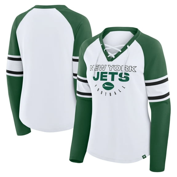 Women's Fanatics White/Green New York Jets Redzone Blitz Package Raglan Lace-Up V-Neck Long Sleeve T-Shirt