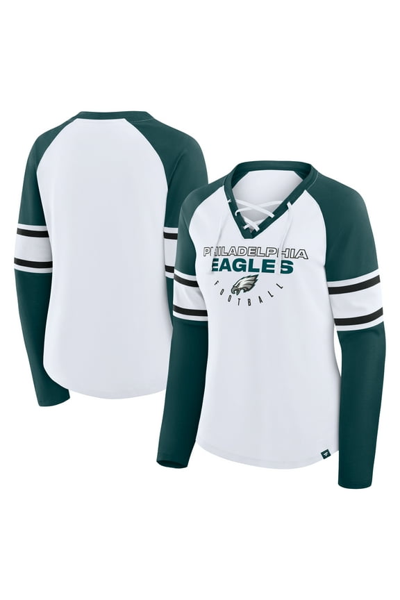 Women's Fanatics White/Green Philadelphia Eagles Redzone Blitz Package Raglan Lace-Up V-Neck Long Sleeve T-Shirt