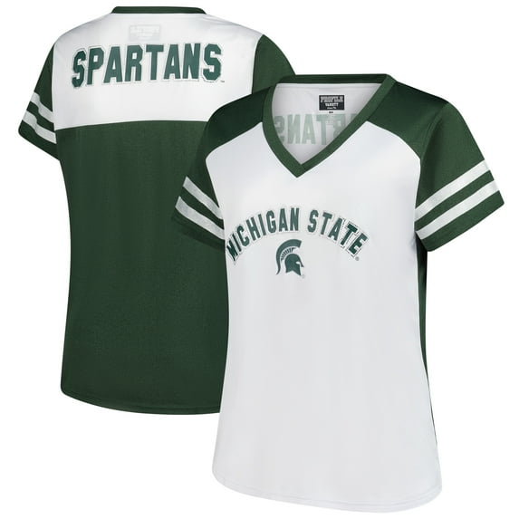 Women's Fanatics White Michigan State Spartans Plus Size Rhinestone Glitter Sleeve Stripe V-Neck T-Shirt