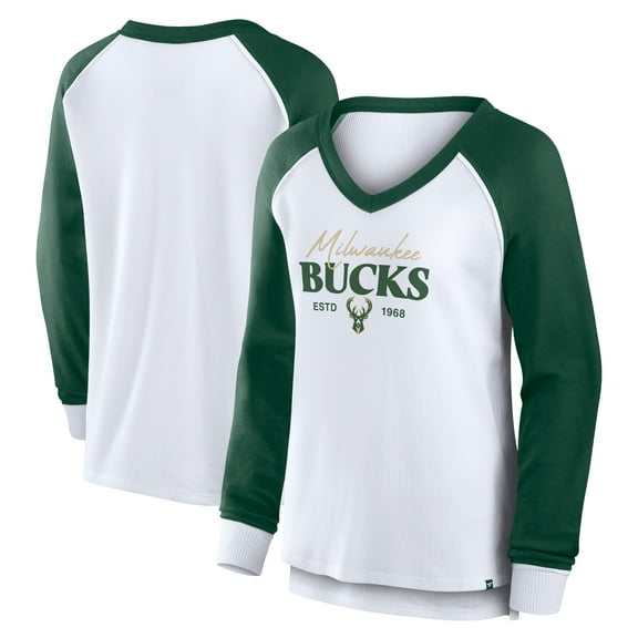 Women's Fanatics White Milwaukee Bucks Open Lane Waffle Long Sleeve V-Neck T-Shirt