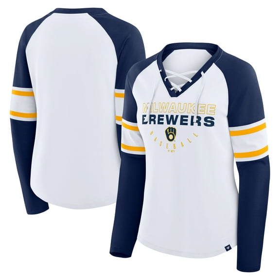 Women's Fanatics White/Navy Milwaukee Brewers Blitz Package Raglan Lace-Up V-Neck Long Sleeve T-Shirt