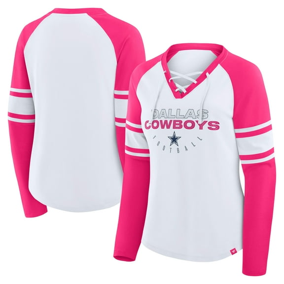 Women's Fanatics White/Pink Dallas Cowboys Redzone Rhinestone Bling Lace Up Long Sleeve T-shirt