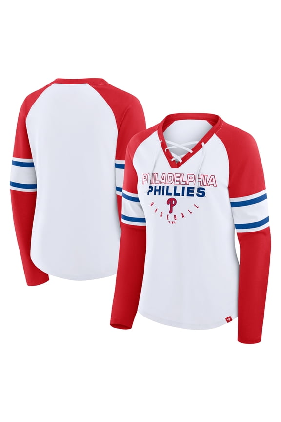 Women's Fanatics White/Red Philadelphia Phillies Blitz Package Raglan Lace-Up V-Neck Long Sleeve T-Shirt